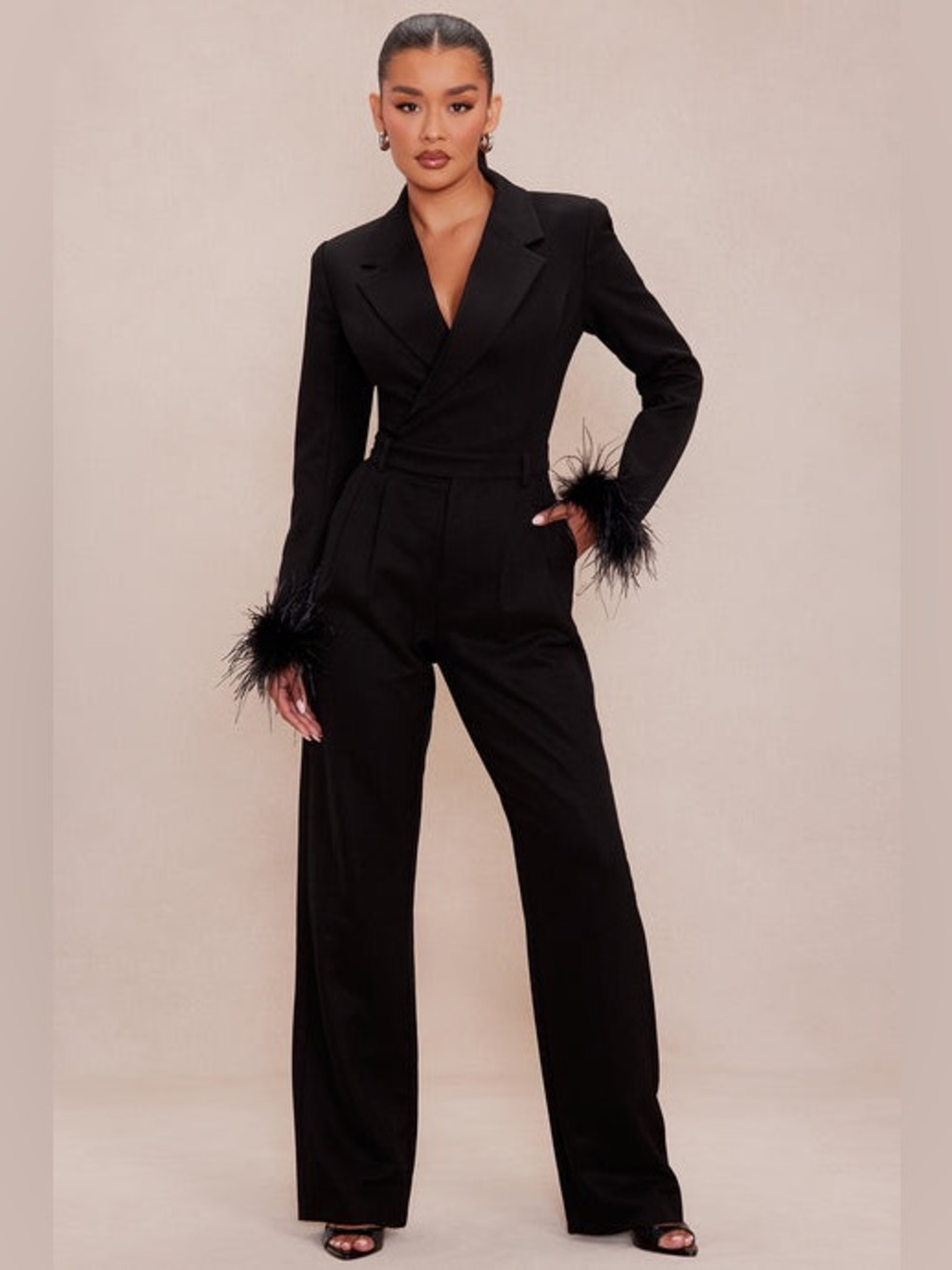 Fashion Nova Black Feather-Cuff  Mirage Blazer Jumpsuit